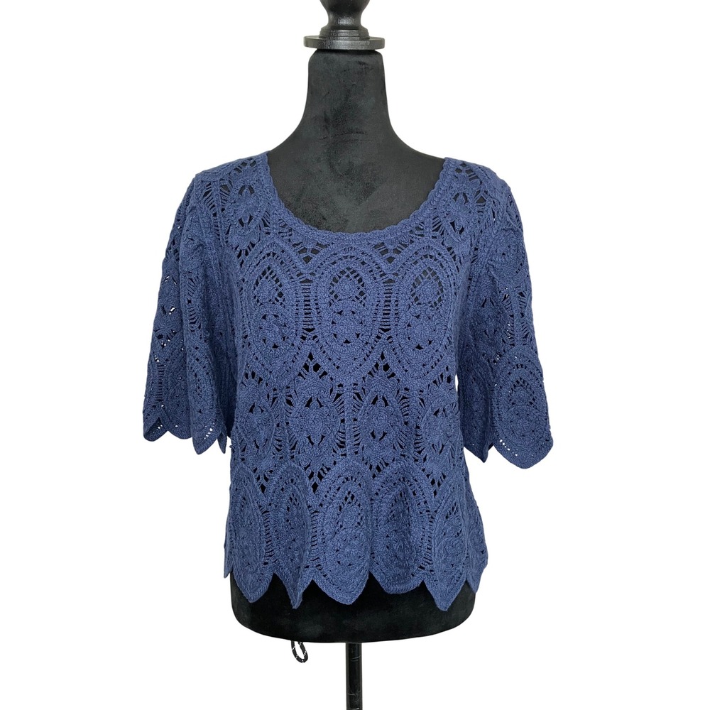 Solitaire Anthropologie Short Sleeve‎ Crochet Knit Boho Cottage Navy Size Small